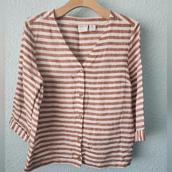 Rachel Zoe linen blouse boxi coastal stripe button front blouse - Picture 3 of 9